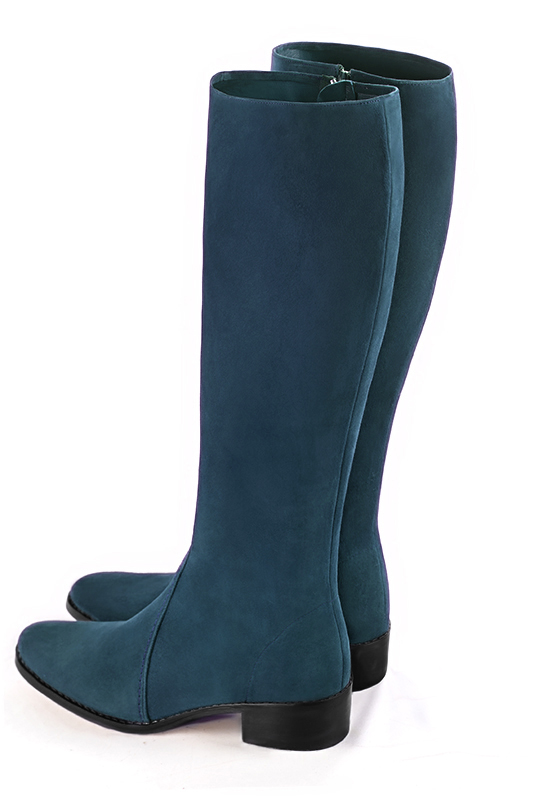 Peacock blue women's riding knee-high boots. Round toe. Low leather soles. Made to measure. Rear view - Florence KOOIJMAN